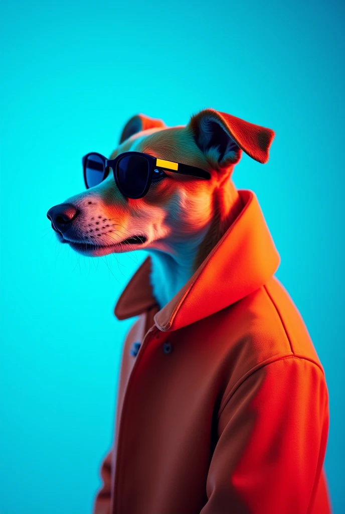 front、Best full body mobile phone wallpaper, Award-winning wallpapers, Portrait Photography, frontには、Here's a portrait of a cute dog dressed in mid-1960s space age fashion, frontから見た全身が映っています、Side view, Photographed with Canon EOS R5, Set strong contrast to highlight the subject, Fluorescent Blue Tone, Wearing a very modern coat and sunglasses、Modern 1960s style, All the clothes are the same color, Beautiful background