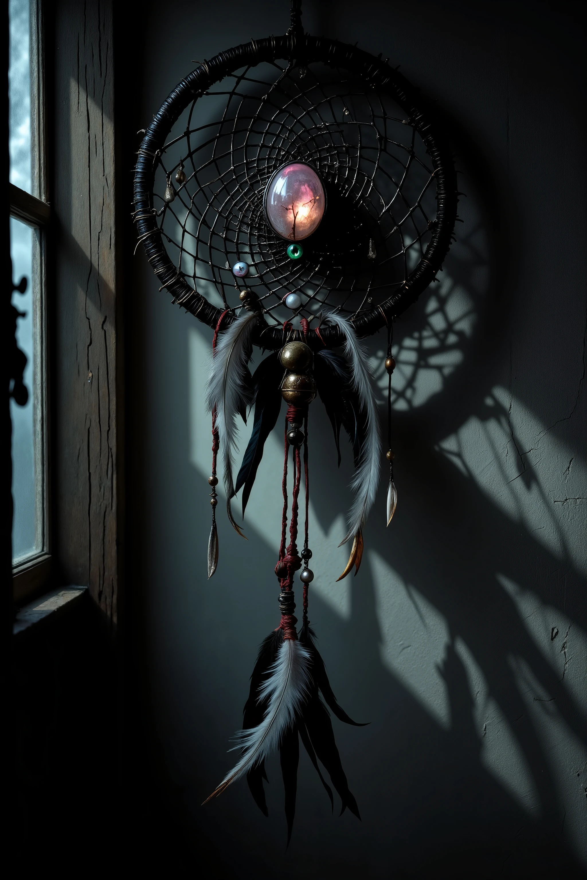 Decorative dreamcatcher crafted from dark copper ring with fine web of black and silver hair. Polished beads of jade and rose quartz embedded in intricate pattern, along with translucent glass beads shaped like realistic eyes. Details include: bird feathers frayed at ends, predator claw, rusted bell, bloodstained tooth wrapped in red thread. Hung in old wooden window, illuminated by cold moonlight casting sharp shadow onto cracked wall behind. In shadow: distorted monstrous reflection, spider form with humanoid features, beads become hollow eye sockets, feathers twist into reaching limbs One gemstone faintly glows, adding surreal depth and motion to silhouette. Background: night interior with fractured plaster, ghostly fog beyond window, subtle movement in corners of darkness. Style of fantastic hyperrealism with dark baroque and organic horror elements. Color palette: dead copper, dusky green, blood pink, luminous white, ink black, spectral violet. Lighting: hard moonbeam through dusty glass, creating exaggerated contrast between object and its unnatural shadow. elegant dread, haunted symmetry, cursed beauty, unsettling silence, macro detail, cinematic horror framing.