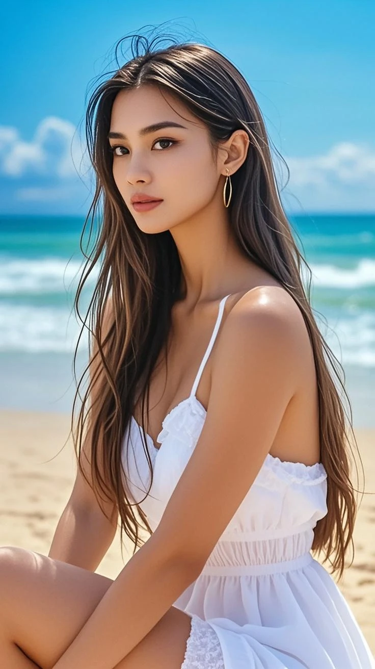 dress、(Photorealistic:1.4)、(hyper Realistic:1.4)、(Realistic:1.3)、(Smooth lighting:1.05)、(映画の照明Improvement of quality:0.9)、32K、One Girl、20-year-old girl、Realistic lighting、Backlight、Facial Light、Ray-tracing、(Bright light:1.2)、(Improvement of quality:1.4)、(Highest Quality Real Texture Skins:1.4)、Finely grained、Detailed painted face、Quality Eyes、(tired, Sleepy and satisfied:0.0)、 Face close-up、T-Shirts、(Enhance the mood of your body line:1.1)、(Enhances the beauty of skin texture:1.1)、((Aya Ueto))、Beach、Swimwear、
