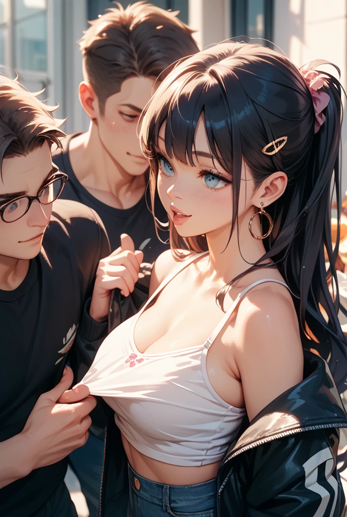 Girl3people,whole body,Short hair in twin tails,Wide forehead,Showing underboob,Off the shoulder,crowd,Surrounded,Carrying a bag,Close your eyes,pantiey are touched,Being hugged from behind