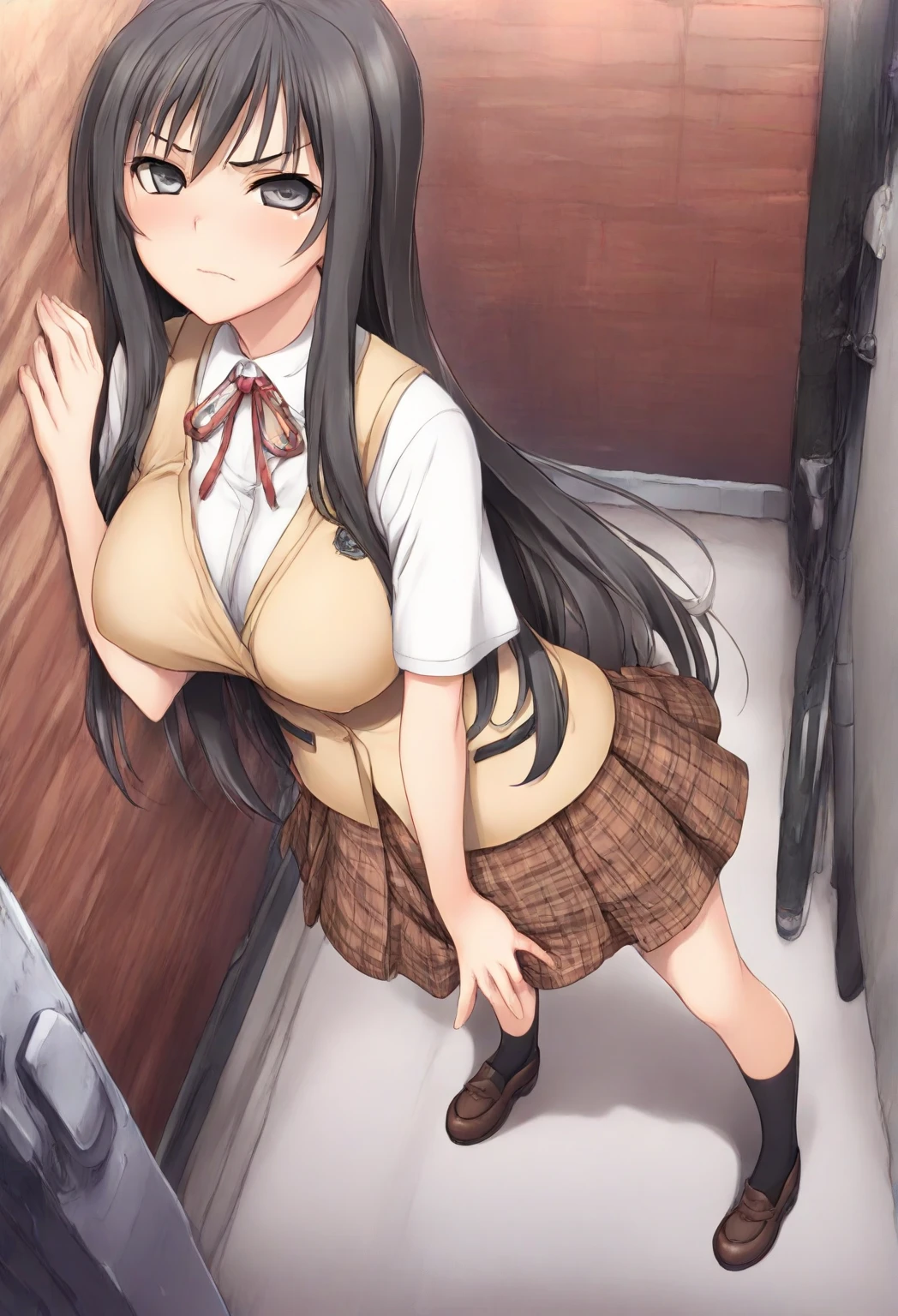 Score_9, Score_8_up, Score_7_up, anime_font, kurumitokisaki, kurumi tokisaki, tokisaki kurumi, long hair, skirt, black hair, red eyes, long sleeves, ribbon, pleated skirt, bag, hair over one eye, smile, alone, breasts, looking at spectator, big breasts, thighs, ass, naked, looking back, from behind, white thighs, wet, back, towel, towel on head, sento isuzu