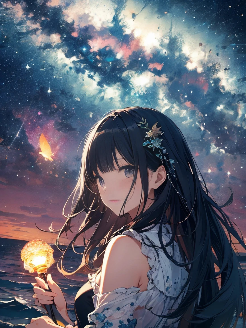 starry sky and moon, sea, glowing, fantasy style