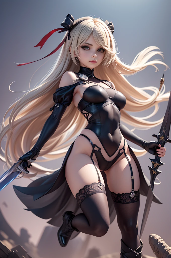 (masterpiece, best quality, ultradetailed, 8k, wallpaper, photorealistic), full body, 1 girl, blonde hair, black mask, perfect body, perfect anatomy, perfect hands, long round legs, round ass, sexy ninja suit in black and gold color slightly unzipped showing her large cleavage, hands widely open while holding katana in both hands, weapon, black assassin shoes