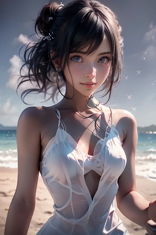 8k, very sharp image, masterpiece, best quality, jennifer aniston, 1girl, black hair, swept bangs,  small earrings, sundress, beach, floating hair, hair ornament, magazine cover, realistic skin, high texture skin, realistic lips, high texture lips, dreamlike diffuse ethereal lighting ,(Dynamic and sexy bending pose:1.3),detailed facial features,detailed clothes features, (perky chest:1.1), (pointed chest:1.3), delicate beautiful face, Bright blue eyes, cute eyes, sparkling eyes, Big eyes, beautiful detailed eyes,double bun with glittering hair ornament:0.6,(super detailed glossy skin:1.3),slender body,goddess smile,((with sparkling eyes and a contagious smile)),beautiful posture,have a cup of coffee,black hair,very sharp image, masterpiece, best quality,  black hair, swept bangs, closed mouth, small earrings, sundress, beach, floating hair, hair ornament, magazine cover, realistic skin, high texture skin, realistic lips, high texture lips, dreamlike diffuse ethereal lighting ,looking at viewer,