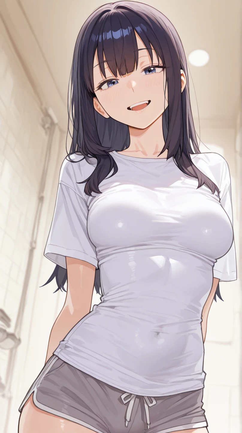 ((masterpiece, highest quality, High resolution, UHD, perfect pixel, Depth of bounds written, 4K, rtx, HDR))), 1 girl, single, alone, beautiful anime girl, beautiful art style, anime character, ((long hair, blunt bangs, black hair)), ((purple eyes:1.4, round eyes, realistic eyes)), ((eyelash, ultra-detailed eyelash, smooth eyelash)), ((smooth texture:0.75, realistic texture:0.65, realistic:1.1, Anime CG style)), medium breasts, dynamic angle, perfect body, ((stand, Hands on hips )), ((T shirt, Long Levis pants)), smile, open your mouth, Room, (()), Natural light, bright sky, sunlight