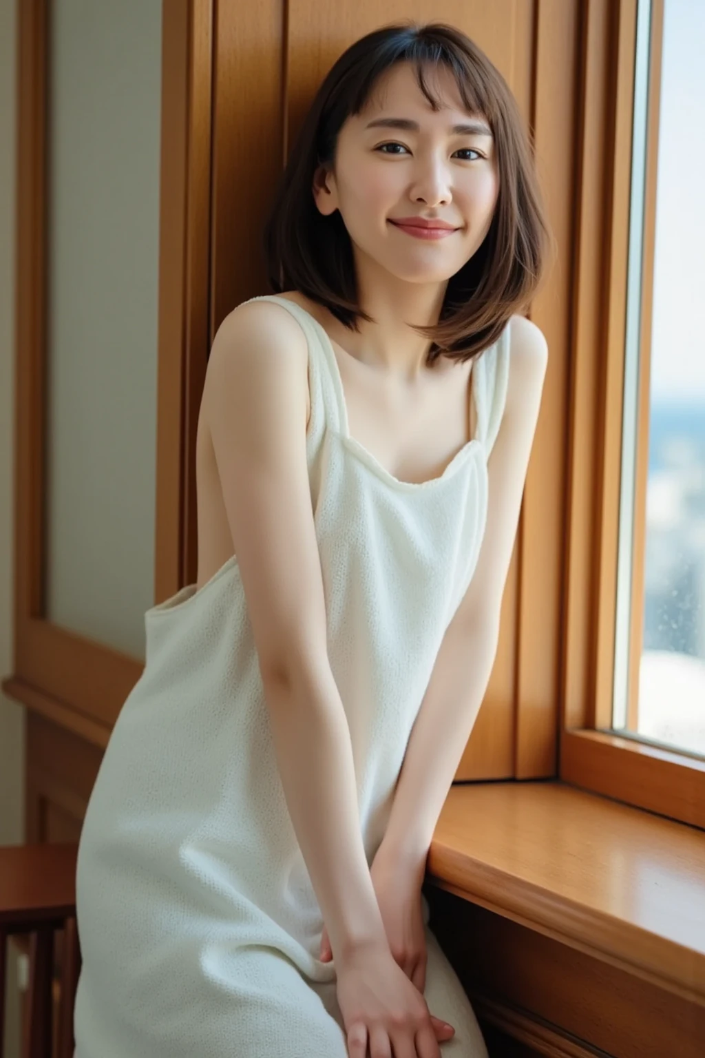 One girl,summer,Inside the room,Bed,Sit down,Black Hair,short hair,Navy Blue,Tank top,Chest line,smile,6th grade elementary school,Japanese,Neat face,front,Look here,transparent, Soft Light,(masterpiece, Highest quality), Structure of the film, Like a movie