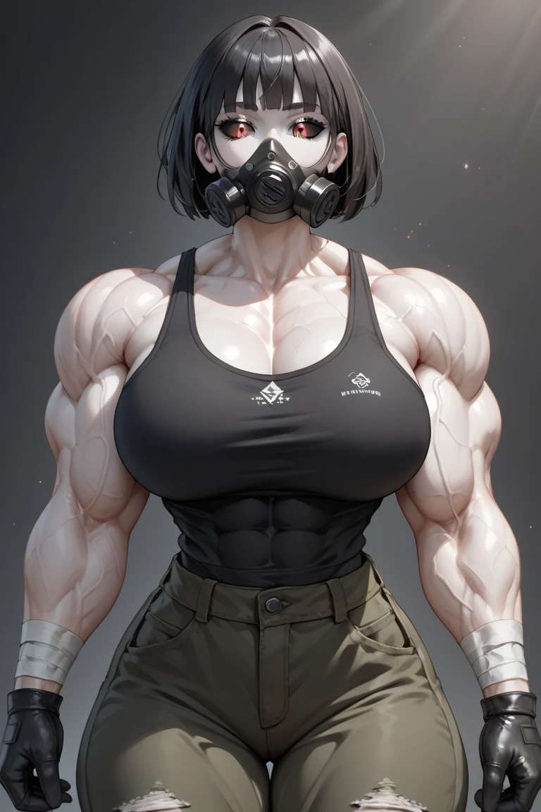 muscle woman gas mask abs shirt and broken jeans