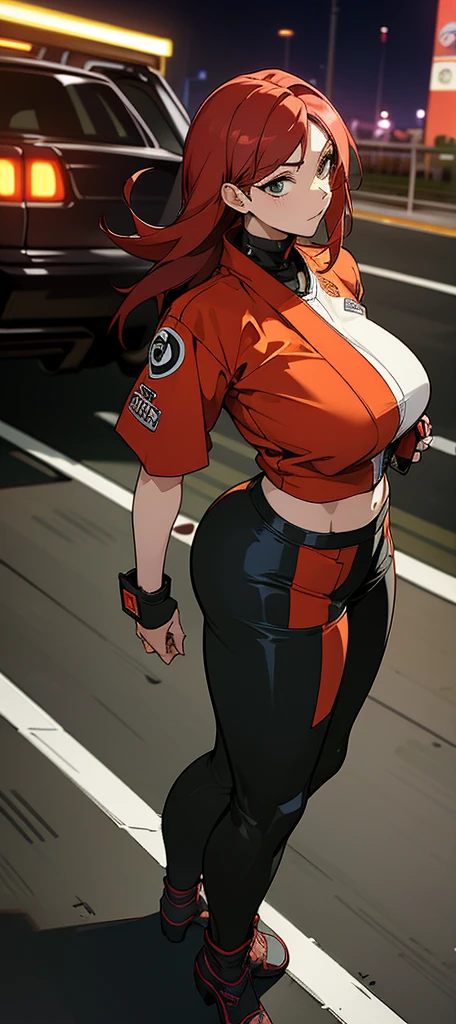 ((high detailed, best quality, 4k, masterpiece, hd:1.3)), (Mario_Kart_speedway), Princess Daisy posing, Daisy_SM, BREAK neon blue eyes, seductive, attractive, sexy smile, smiling, smooth anime cg art, 36C breasts, long legs, vivid colors, detailed digital art, slim body, perfect skin, dark red hair, long red hair, dark hair, red hair, BREAK crown, cleavage, 36C cleavage, looking at viewer, BREAK looking at viewer, extremely detailed face, (orange and white jumpsuit), (Jumpsuit:1.5), (orange and white racing suit), (racing suit:1.5), (high heels), full body, earrings, gem, dark black makeup lips, dark gothic eyeshadows, dark eyeshadows, black eyeshadows, black sexy lips, red lips, dark red lips, very dark red lips, detailed lips, detailed red lips, red painted lips, gothic painted lips, (thin_lips), (very thin lips), dark gothic eyeshadows, dark eyeshadows, black eyeshadows, (perfect hands, perfect anatomy), black makeup, detailed fingers, five fingers per hand, 5 fingers, (1 girl), detailed lips, BREAK night, (breast focus), (breasts out:1.3), (from above:1.3), (arms outstretched:1.3),