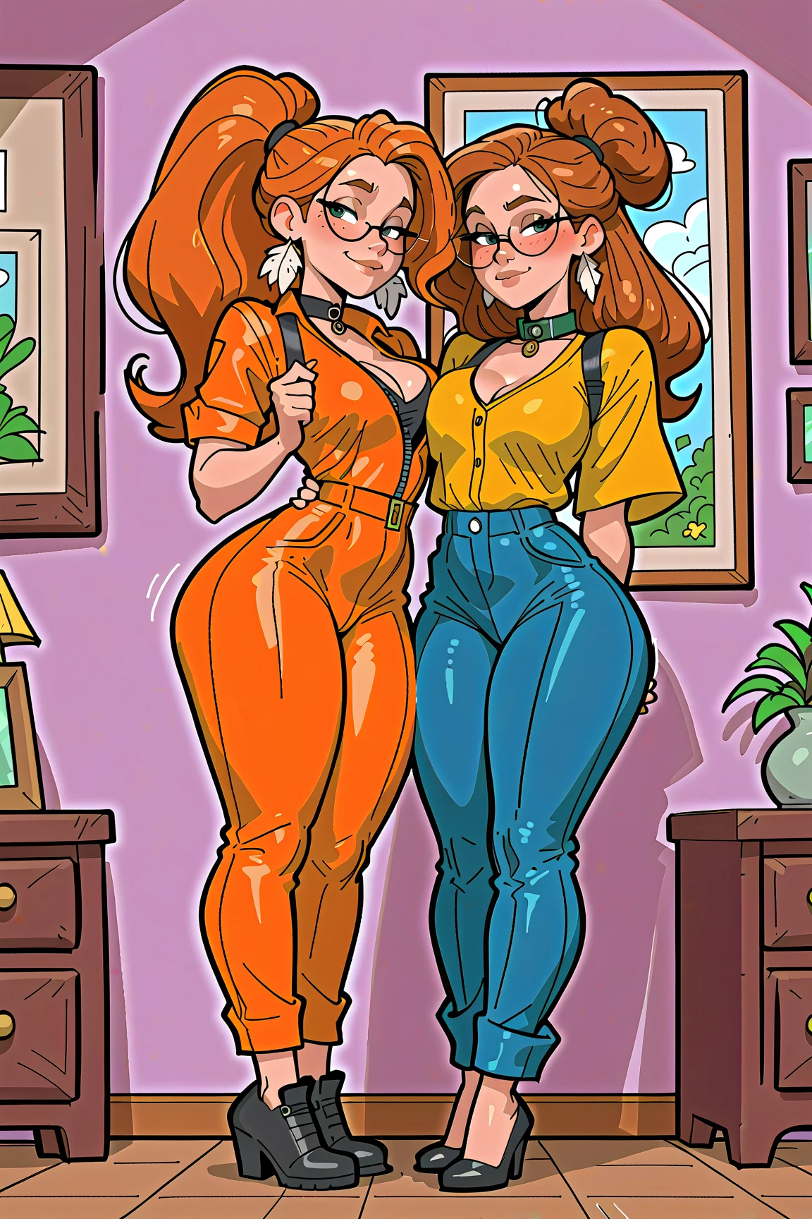 1 female, hourglass figure, pouty look, housewife, cleavage, Black turtleneck, small waist, thick thighs, orange hair, braided, hands on hips, tight jeans, masterpiece, 4k.