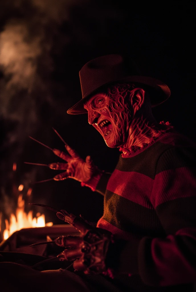 cinematic film still of Freddy Krueger a man in a hat and striped shirt from A Nightmare on Elm Street movie with ((glove made of knives)), ((upper body)), shallow depth of field, vignette, highly detailed, high budget, bokeh, cinemascope, moody, epic, gorgeous, film grain, grainy, in a basement with pipes and boilers, eerie darkness, red glow, fire, grin, blood dripping from walls, <lora:freddy krueger 1984 SD1.5:1.2>