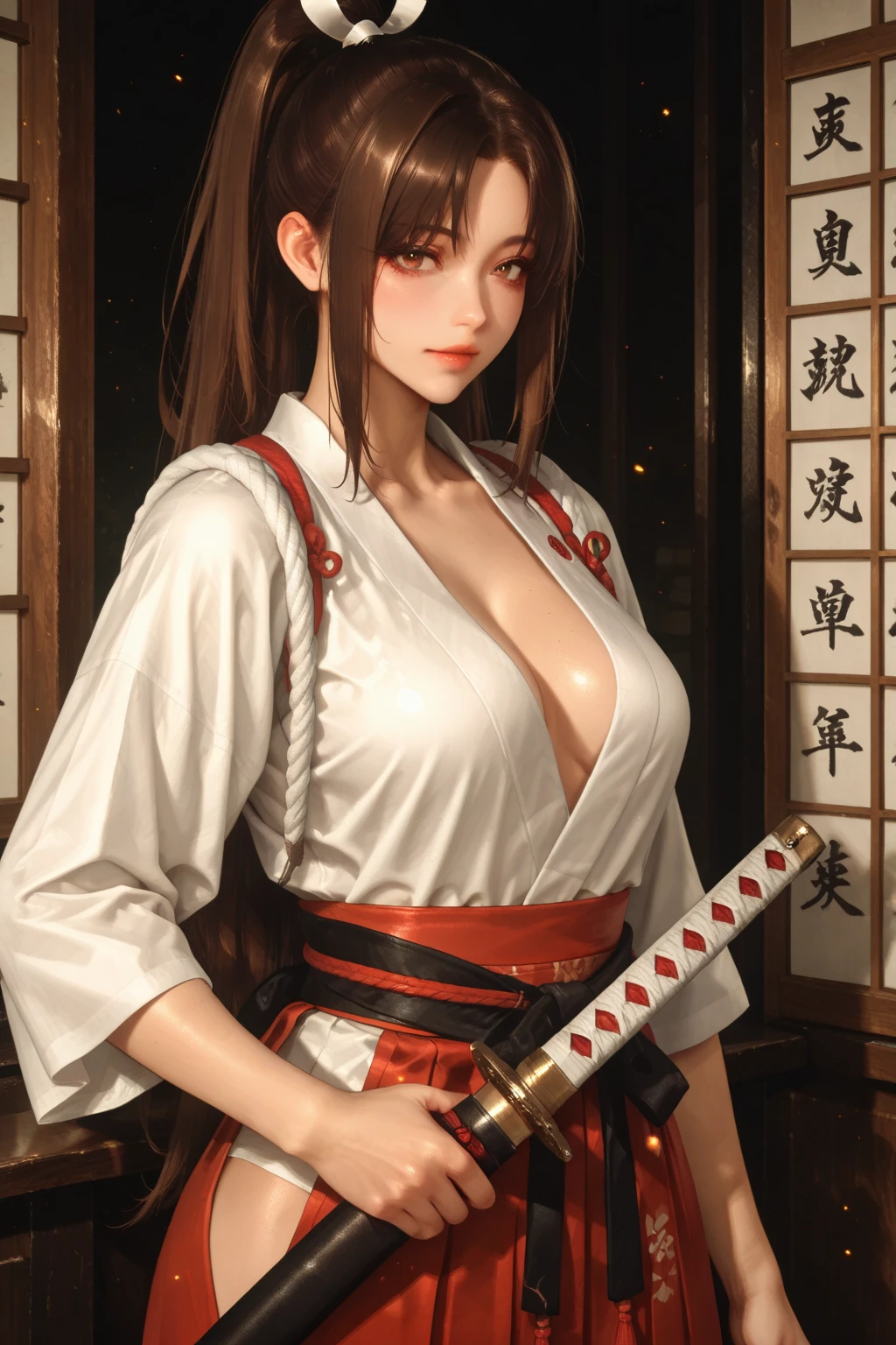 Aerial view,Full body, solo, MaiShiranui,see-through. Hands on breasts, (Japanese bathrobe:1.5), bangs, black hair, blunt bangs, ( gigantic breasts:1.4), lips, long hair, moles under the mouth, purple eyes, slightly dilated lips, smile, wet skin, Wet hair, shame,Standing amidst the falling cherry blossoms,(rose_tattoos:1.5), (masterpiece: 1.4), (best quality: 1.4), real-life portrait photography, looking at the viewer,Center,