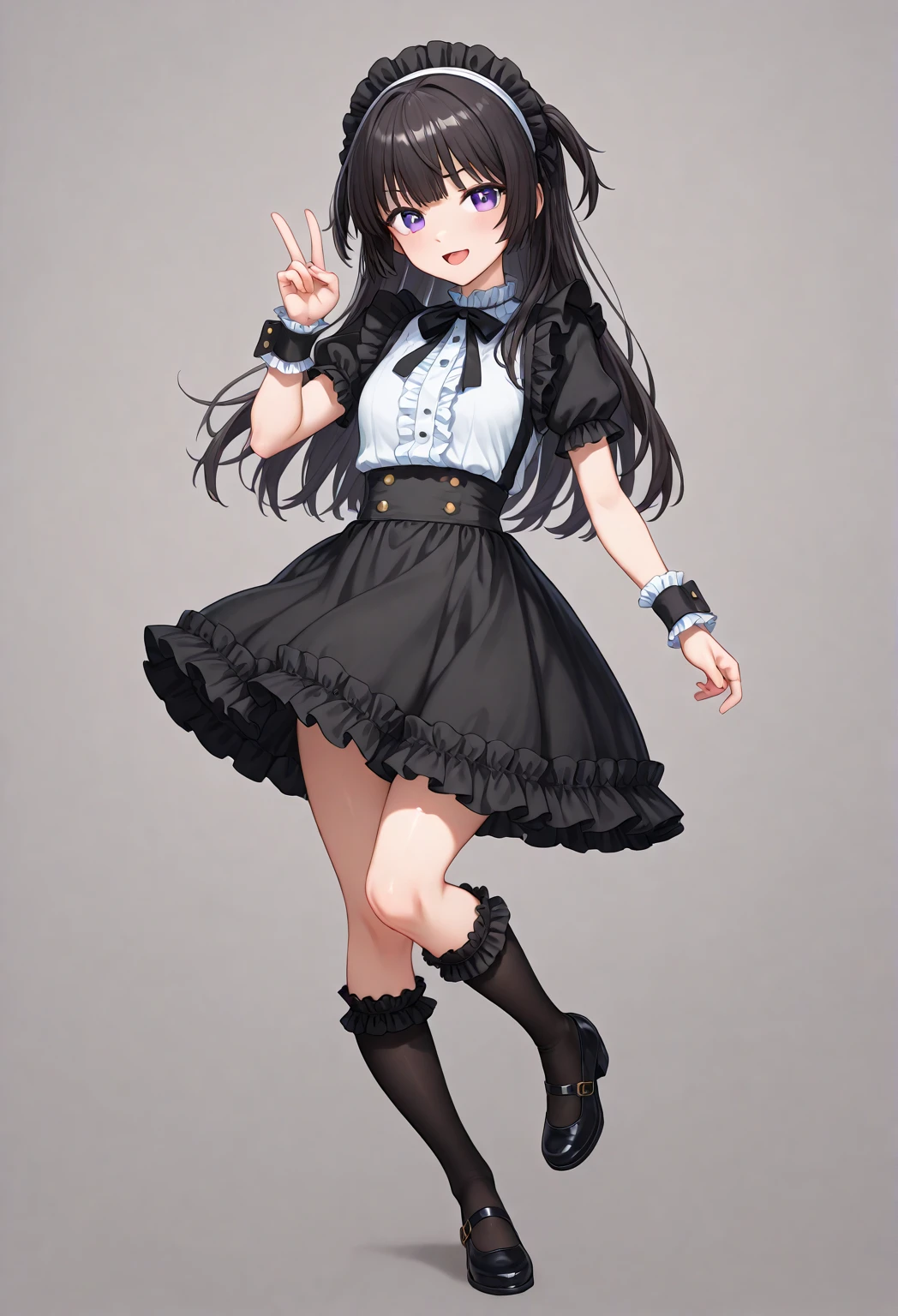 masterpiece, high quality, 1girl, solo, pov,gray eyes, gray hair, jitome, highly detailed beautiful face and eyes, beautiful skin,perfect anatomy, standing, LONG HAIR,
calm,black and white striped knee high socks,Black skirt with white frills ,nothing in hand, nothing in head, nothing in hair, black choker,
sleeveless shirt with ruffles, simle background, black shoes,