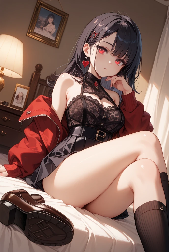 best quality, masterpiece, illustration, realistic, photo-realistic, amazing, finely detail, incredibly absurdres, huge filesize, ultra-detailed, highres, extremely detailed CG unity 8k wallpaper, ray tracing, close-up, upper body, nsfw, A beautiful young Korean woman resembling a popular actress, celebrating Christmas eve alone in a cozy living room filled with Christmas decorations. She has perfectly done makeup with bold red lipstick, smoky eyeshadow, rosy blush and long false eyelashes. Her slim figured is paired with disproportionately large breasts. She is wearing a sexy Mrs. Santa outfit consisting of a short red velvet skirt, a cleavage-baring red crop top with puffy shoulders, matching elbow-length red velvet gloves and hat, black fishnet stockings and red stiletto heels. She is playfully holding a large Christmas present box in front of her chest, resting her ample bosom on top of the box. There is a magical indoor snowfall atmosphere inside the room. The room is illuminated by the lights of the Christmas tree and candles creating a flirtatious Christmas mood.