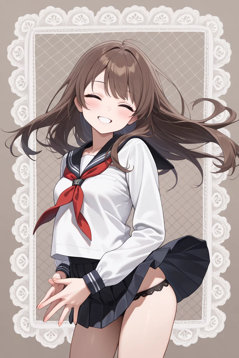(masterpiece), (Highest quality), (Very detailed), ((Very delicate and beautiful)), One Girl, solo, July, Cowboy Shot, Black Sailor Suit, White neckerchief, Crescent Pin, (Very long hair), ponytail, smile, Flat Chest, belt, chestnut mouth, Sitting, On the bed, question mark, indoor, Detailed Iris, young, Completely ????? ,((Browsing Caution)),((nsfw)), Squat