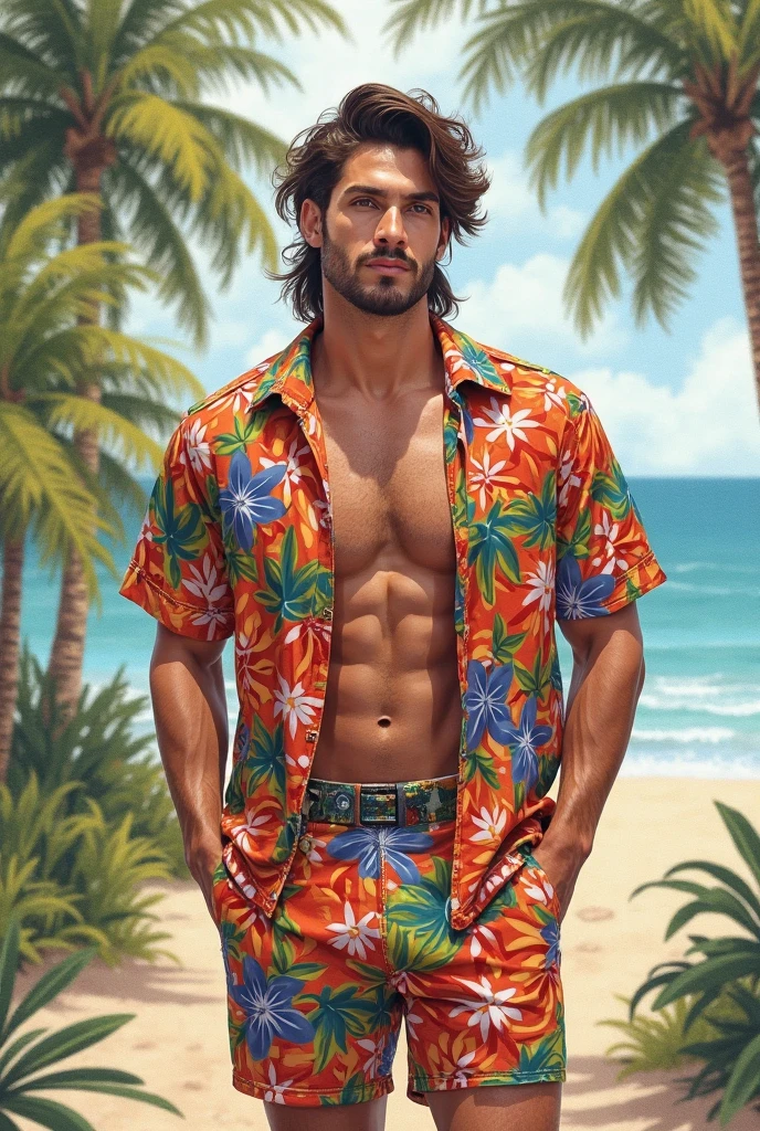 In an award-winning photograph, A striking 30-year-old man embodies charisma and strength.. De pie con confianza en el mar, su cabello mojado brilla a la luz del sol. Adorned with swim shorts that accentuate his muscular physique., He draws attention with every pose.. Her captivating gaze invites intrigue as the setting sun casts a warm glow over the scene... Este retrato ultrarrealista, in 4K resolution, celebrates the male form with impeccable lighting, una obra maestra visual que merece elogios.