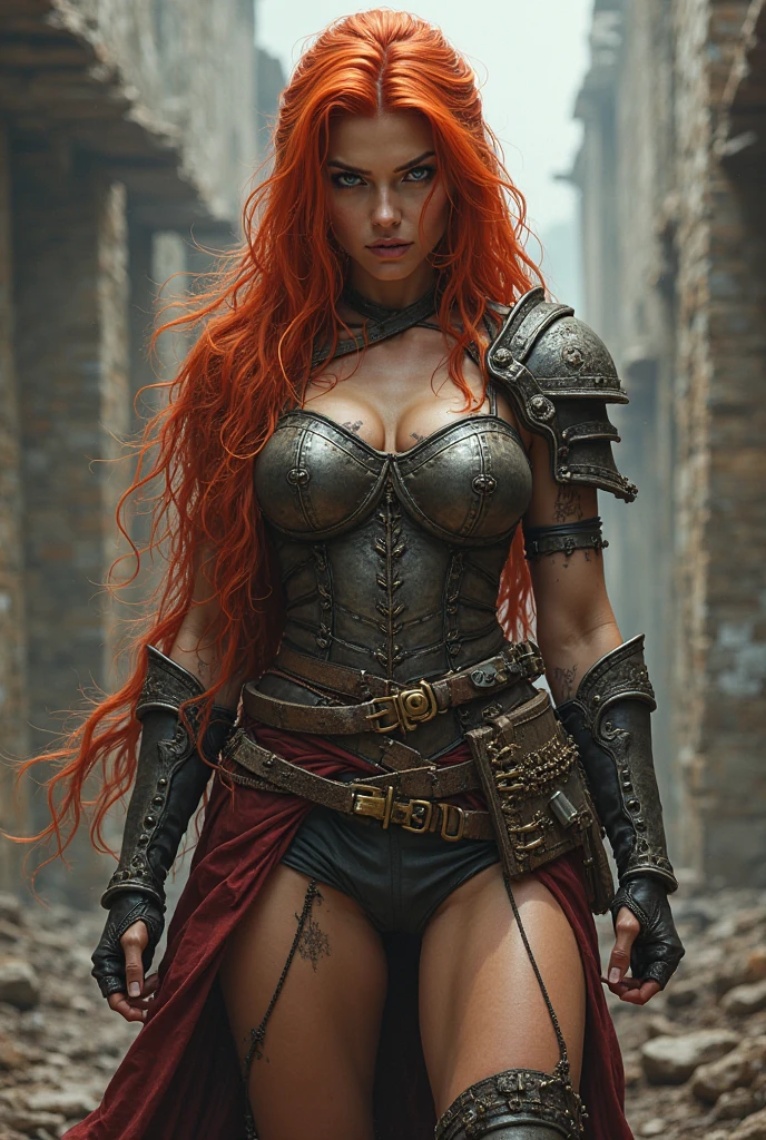 (masterpiece), An epic portrait of beautiful redhead warrior, warrior garments, wearing light battle armour, detailed fantasy armour, gorgeous face, (highly detailed face:1.2), big lips, thick eyebrows, fantasy town background, sexy, busty, skinny waist, cleavage, intricate details, (fantasy village background)