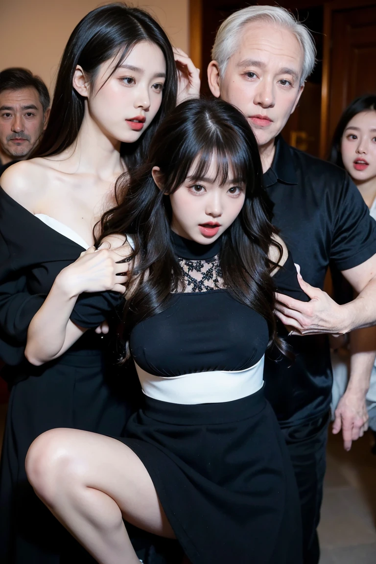 (((nsfw : 1.2))), (((pornography))), (realistic), (intricate details:1.2), (masterpiece、:1.3), (top quality:1.4), (Ultra A high resolution:1.2), Ultra A high resolution, 8K resolution, very detailed expression, (night:1.9), dark, (high quality), complete anatomy, natural anatomy, full body photo, 1 korean woman being raped by a korean man, 27 years old, (beautiful : 1.4), (shoulder length curling hair), earring, light makeup, confused expression, office uniform, identity card necklace, long legs, (wearing flesh colored pantyhose), (strappy high heel), business clothes, business attire, suit jacket, Formal skirt, office look, suit vest, glowing skin, her arms be tied up behind back, (((orgasm : 1.4))), (((moaning : 1.2))), (with a korean man),(She being caught and sexually harassed by a korean man in company : 1.5), be forcibly raped by a man, violated by a man, She can not resist holding her arms grabbed by his one of hand., His dick is being inserted into her pussy., the man lifts her skirt, A man tears off her pantyhose to explore her pussy, grabed ass, Lightless, night, Lights off, quiet office, office desk, office chair, copy machine, sunless, (detailed background:1.2), There is no one but her and the man who rape her.
