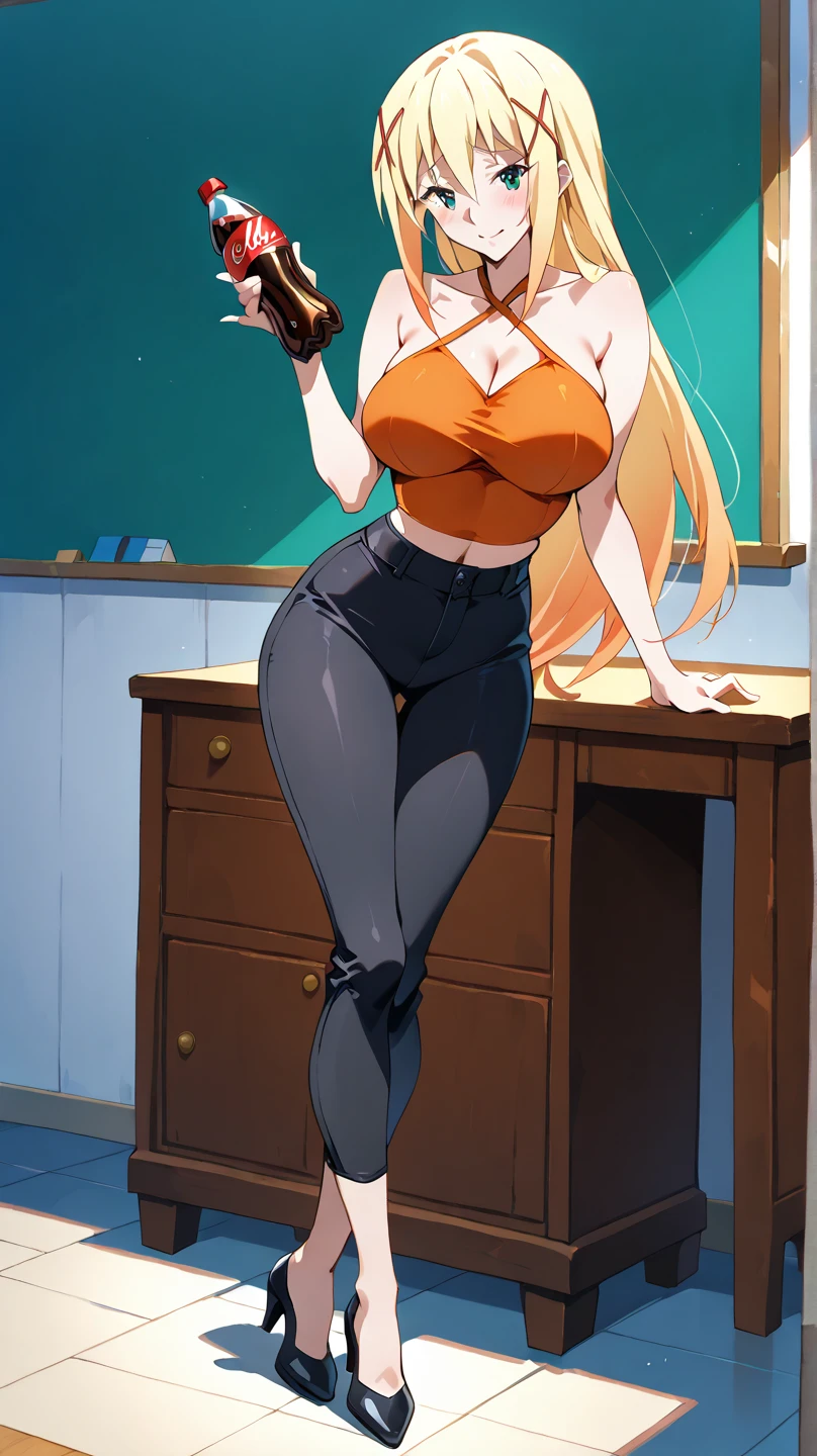 1girl, looking at viewer, simple background, crown, big breasts, thighs, blonde hair, bikini, ass, view from behind,sitting,indoors,lovely smile