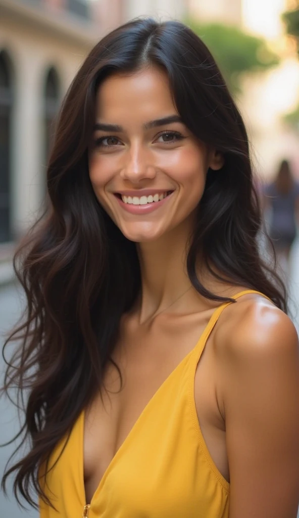 young excited beautiful happy brunette woman, girl pointing away and smile isolated on yellow background banner, professional (best quality, 4k, highres, masterpiece:1.2), ultra-detailed, (realistic, photorealistic, photo-realistic:1.37), portraits, vivid colors, studio lighting, sharp focus, long wavy shiny hair, expressive eyes, rosy cheeks, elegant posture, stylish outfit, joyful expression, attractive smile, relaxed atmosphere, bokeh, golden tones, soft lighting