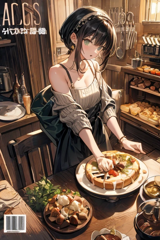 (small breasts:1.3), (perky chest:1.1), (pointed chest:1.0), (Pudding cake magazine cover:1.3)，(from above:1.0),(from side:0.9),masterpiece, 1girl, Amazing Cleavage:1.1, thin waist, big ass, Raised sexy, small breast: 1.3, posed cleavage:1.2、solo, open mouth, have a cute grass of cute beergrass,black hair, dark green eyes, dress, bare shoulders, jewelry, collarbone, sidelocks, hairband, earrings, indoors, off shoulder, sweater, arms behind back, plant, short hair with long locks, gild hairband, sweater dress:1.2, off-shoulder sweater, red sweater, dark gord hair, big side hair, very long side hair,is rendered in (masterpiece: 1.2, best quality), with (ultra high resolution) and an exquisite (depth of field). This masterpiece is not only visually stunning but also tells,A scene of cooking in the kitchen by classroom ,looking at viewer,