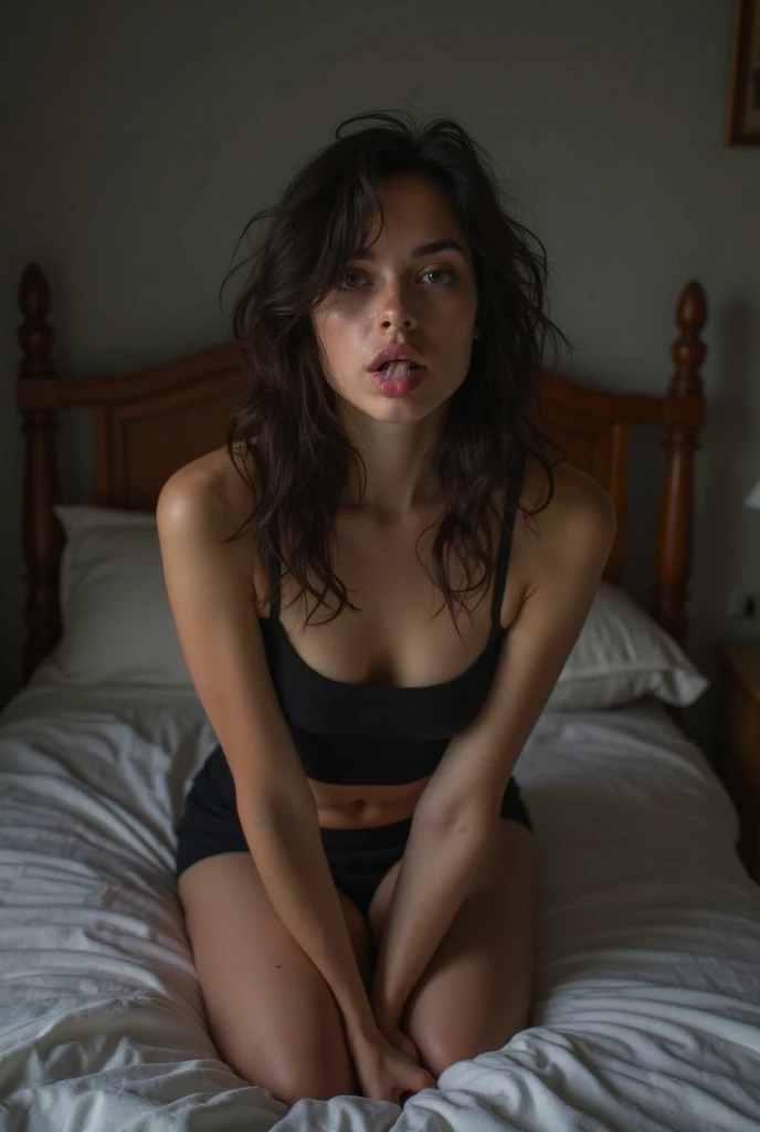 ((best quality)), ((masterpiece)), (detailed), perfect face realistic photo of beautiful woman with long dark brown hair, Russian, influencer, light freckles, dark brown eyes, big lips, no makeup, insagram, next to black wall, yoga outfit, ((showing sexy feet))