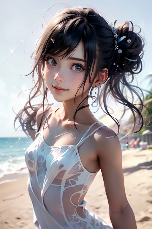 8k, very sharp image, masterpiece, best quality, jennifer aniston, 1girl, black hair, swept bangs, small earrings, sundress, beach, floating hair, hair ornament, magazine cover, realistic skin, high texture skin, realistic lips, high texture lips, dreamlike diffuse ethereal lighting ,(Dynamic and sexy bending pose:1.3),detailed facial features,detailed clothes features, (perky chest:1.1), (pointed chest:1.3), delicate beautiful face, Bright blue eyes, cute eyes, sparkling eyes, Big eyes, beautiful detailed eyes,double bun with glittering hair ornament:0.6,(super detailed glossy skin:1.3),slender body,goddess smile,((with sparkling eyes and a contagious smile)),beautiful posture,have a cup of coffee,black hair,very sharp image, masterpiece, best quality, black hair, swept bangs, closed mouth, small earrings, sundress, beach, floating hair, hair ornament, magazine cover, realistic skin, high texture skin, realistic lips, high texture lips, dreamlike diffuse ethereal lighting ,looking at viewer,