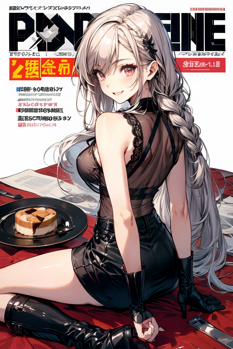 1 girl, small nose, very beautiful detailed face and eyes, bright colors, cute face, delicate beautiful face, Bright magenta eyes, cute eyes, sparkling eyes, Big eyes, (small breasts:1.3), (perky chest:1.1), (pointed chest:1.0), (cake magazine cover:1.3),highest quality, WorKs of masters, High resolution, Blonde color hair,shiny hair, side ponytail,hair between eyes,bangs, (black jacket, real clothes, cleavage, black skirts, black thighhighs, thigh strap, fingerless gloves, single glove:1.2) , spread legs, panties shot, medium hips, glamorous body, white skin, smile, thin pubric hair, super beautiful face, Super beautiful eyes, Super beautiful hair,trendy outfit,sexy and attractive,full body esbian, Real World, Natural light,perfect Natural light,(with sparkling eyes and a contagious smile), This masterpiece is not only visually stunning but also tells, make of cake cooking , in the kitchen, open mouth, looking at viewer,