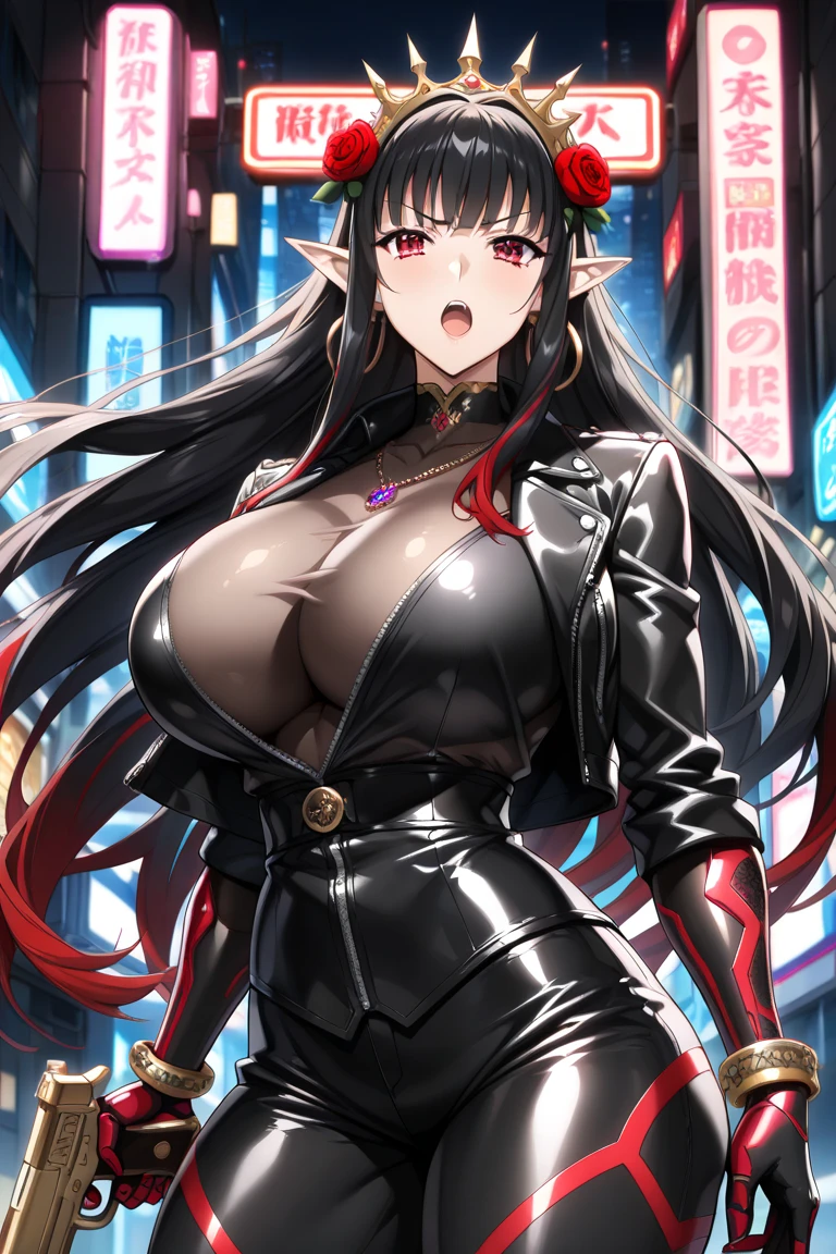 professional artwork, Intricate Details, field of view, sharp focus, detailed painting, photorealistic lighting, trending on pixiv, Standing at attention, black outfit ,yellow collared shirt,black and red bodysuit,skin_tight,black legwear, black pantyhose, Side_boob, black hair,very long hair, Bangs,yellow eyes,makeup, lipstick, 20yo,mature female,Beautiful Finger,Beautiful long legs,Beautiful body,Beautiful Nose,Beautiful character design, perfect eyes, perfect face, looking at viewer, NSFW,official art,extremely detailed CG unity 8k wallpaper, perfect lighting,Colorful, Bright_Front_face_Lighting, (masterpiece:1.0),(best_quality:1.0), ultra high res,4K,ultra-detailed, photography, 8K, HDR, highres, absurdres:1.2, Kodak portra 400, film grain, blurry background, bokeh:1.2, lens flare, (vibrant_color:1.2) (Beautiful,large_Breasts:1.4), (beautiful_face:1.5),(narrow_waist), (solo:1.4), ((landscape dimension))