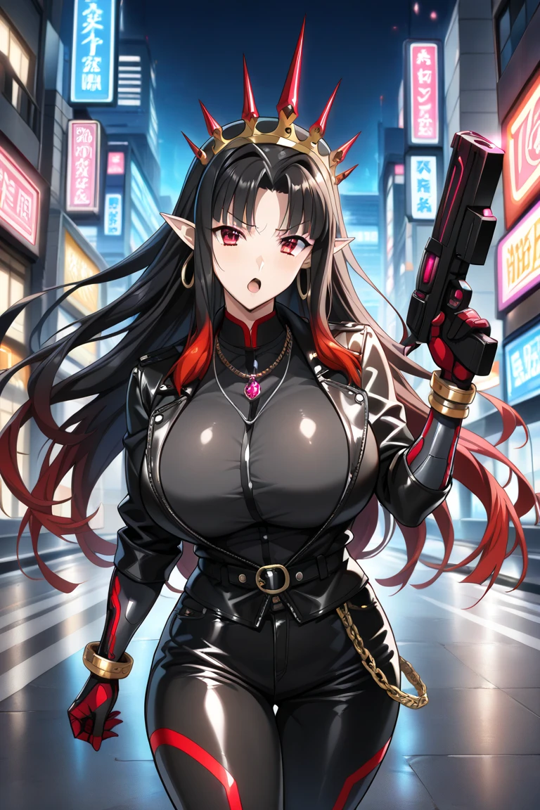 Masterpiece, best quality, 1girl, female Hellboy, pointy ears, horns, cigarre in side of mouth, busty, small waist, large hips, cleavage, black hair, dark wings, armor, upper body, from above, holding a mini gun, arrogant look, in a destroyed city