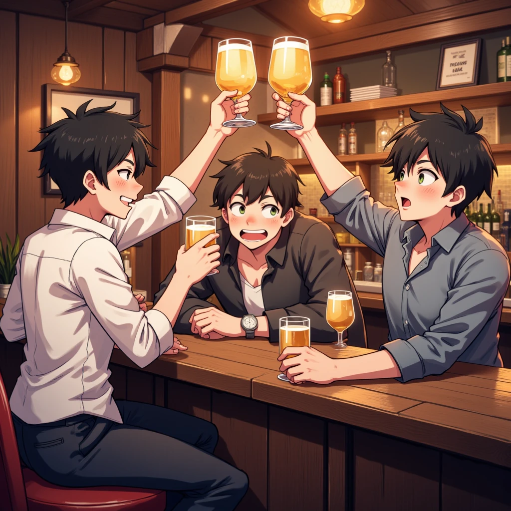 Black-haired nerdy young man, white V-neck shirt, navy jacket and pants, izakaya at night, drinking beer from a glass, smiling, glasses