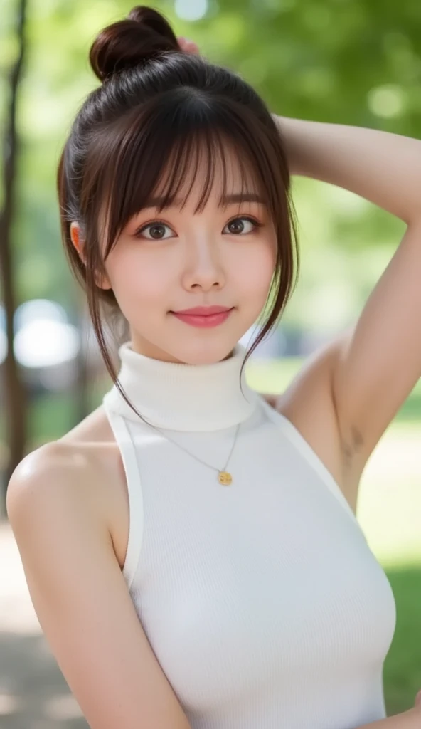 Highest quality、masterpiece、Ultra-high resolution、、Clear photos、(very cute女の子、beautiful girl、very cute!、Baby Face)、Beautiful and delicate skin、smile、Wearing a white tank top、Wearing hot pants、ponytail、(Wear a hat)、thin、(Small breasts:1.6、Flat Chest:1.6)、Large erect nipples、(Hunchback:1.8、Leaning forward:1.8、Her cleavage is visible:1.6)、Tight waist、Full body photo