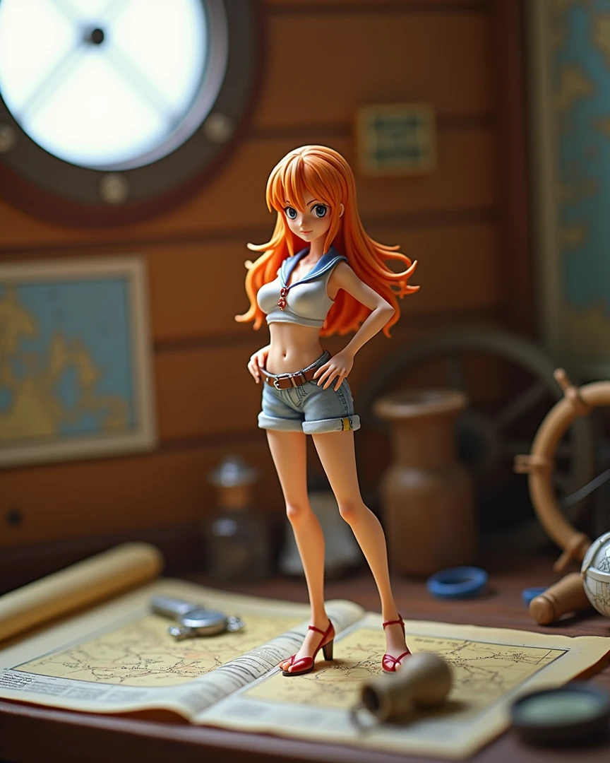 ((Best Quality)), ((Masterpiece)), (((detailed character sheet, frontal view, side view, three quarter view))) white background、one piece、whole body、denim、Tank top、High heels、Swimwear、bikini、original、New World、Long Hair、Orange Hair、Tattoo on left arm、Ring belt、Heighten your head、smile、Cute face、Narrow waist、Long legs、Beautiful feet、9 heads body、beautiful lady