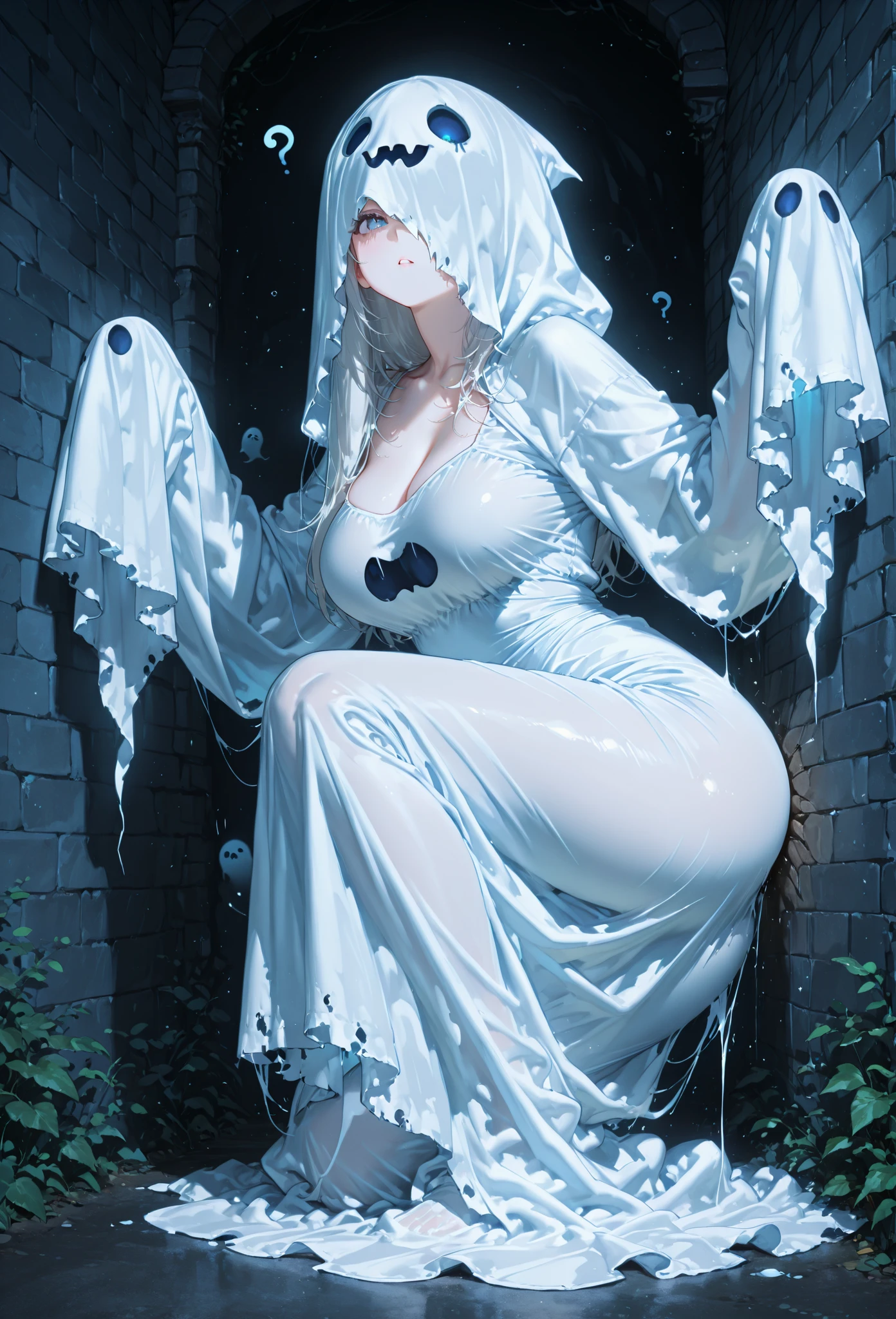 A adult female milf standing on the ground, large long shaped tits, drenched, silly personalty, cute happy demeanor, sunny disposition, deredere, faceless, ghost_costume, horny, dripping in wet,