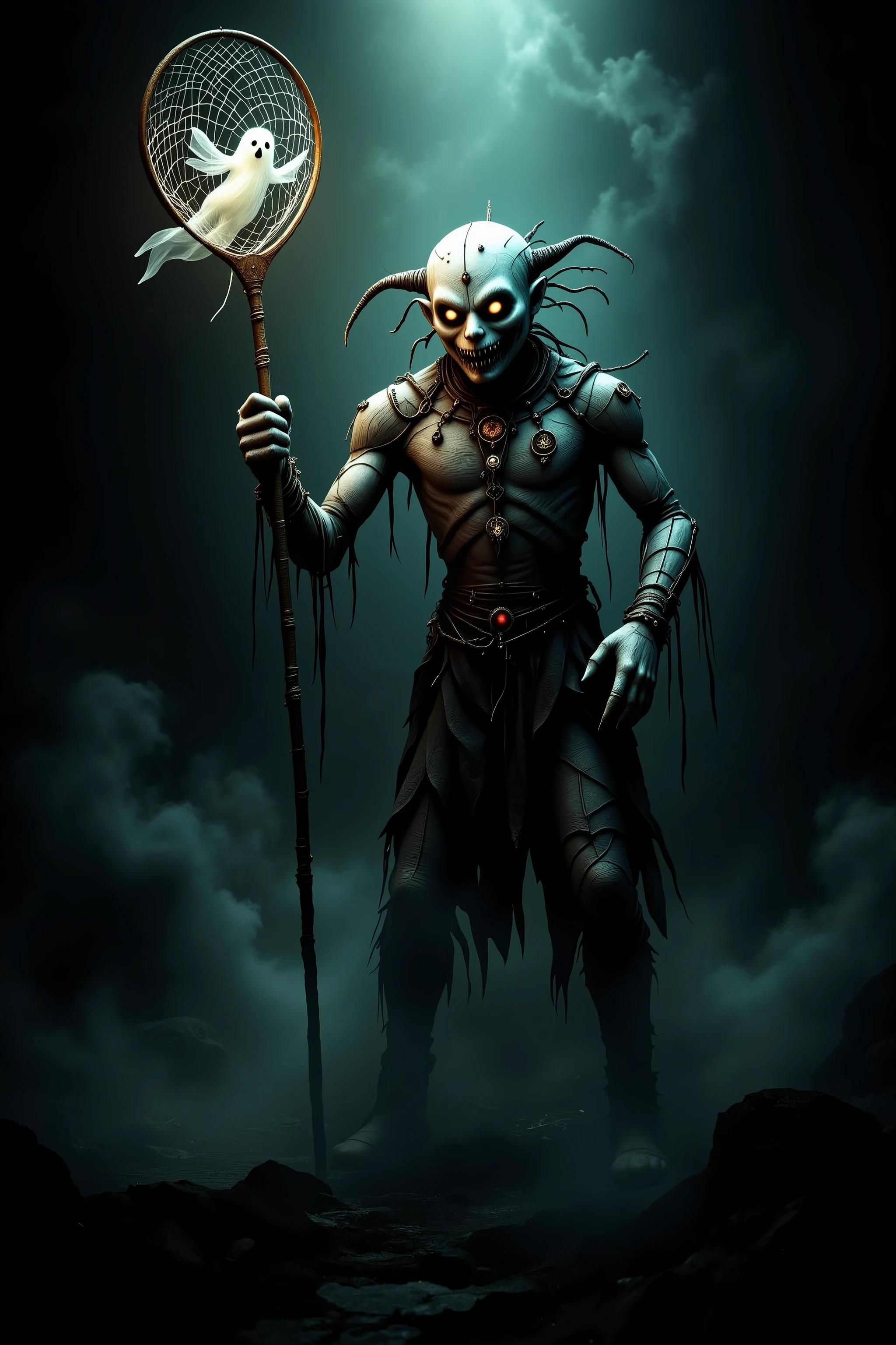 The nightmare catcher. A scary but slightly funny voodoo doll came to life , took a butterfly net in her hand and caught a little ghost ghost. rejoices at this .detail, cinematic horror 