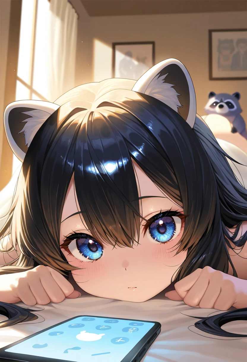 masterpiece, 最high quality, (((Girl lying face down)))、((Cat lying on head))、, Beautiful fine details, Beautiful detailed cat,, Very fine fur, Soft and fluffy, Adorable, Playful, Curious look, Long Hair Girl, Girl looking up at cat, Intricate details, high quality, 8k, Realistic, masterpiece, Natural light, Warm tones