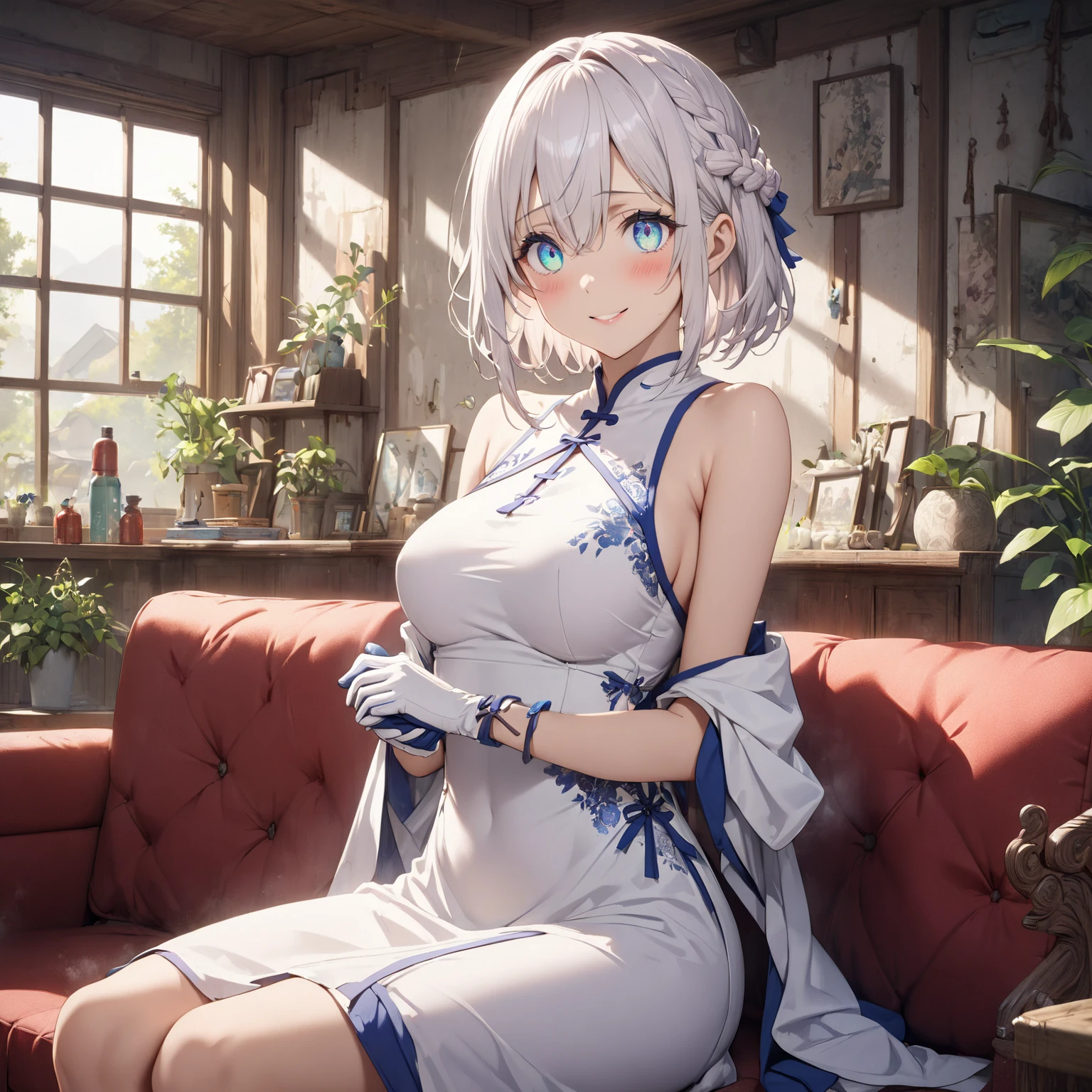detailed, dense, masterpiece, A girl, Beautiful big breasts, Wearing a white cardigan, permanent,Standing by the bed,With blanket, white hair, 16 years old, Light and smooth skin, Light skin, Shiny Hair, Clear eyes, Light's eyes,blue eyes, Light pink lips, (Audience looking down: 0. 8) Smile, Cheeks dyed red, Very shy, open mouth, By Bangs, White sleeves, White coat, A girl, soft skin,Large cleavage, Light skin, Light, Rich Light, room Lighting, Simple gold necklace, Diamond necklace, white lace bra, White lace, white lace underwear, High Angle, Low Angle, (masterpiece: 1.0), (Practical: 1.6), (Soft Focus: 1.5),black,