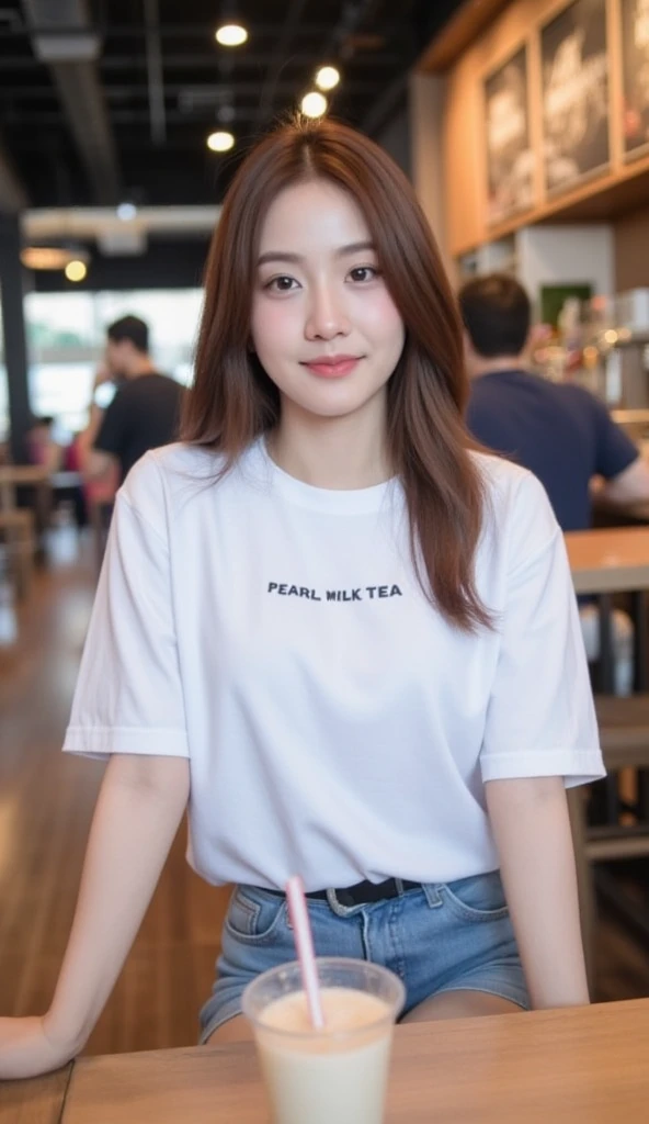super high quality, Fashion Model, smile, Slenderのネックレス, Slender, The staff is working at the counter in the back., (8k、RAW Photos、Highest quality、masterpiece:1.2), (Realistic、Photorealistic:1.37), Beautiful Face , Urban Cafe, Golden Ratio, Raw photo, Light Brown Hair, Small breasts, Bright cafe interior, Blurred Background, Summer clothes, Cafe Terrace, Open Cafe, Photographed inside the cafe, Hair blowing in the wind, Neat clothes, T-Shirts, Very Short Hair, 18-year-old, Cool older sister, beautiful girl,
