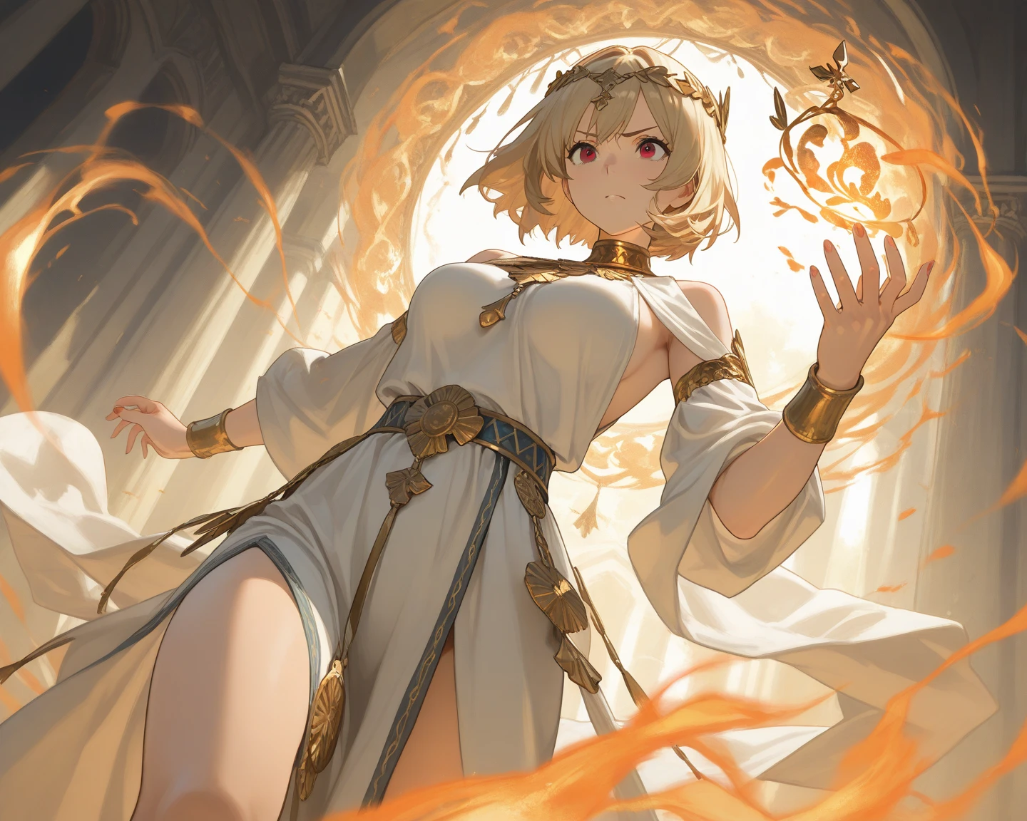 (((1girl))), ((best quality)), ((masterpiece)), ((ultra-detailed)), (illustration), (detailed light), (an extremely delicate and beautiful), (beautiful detailed eyes), (sunlight), ((extremely light)),  ((extremely clothes)), (((hyper detail))),(((((front lighting))))),(((((front light))))),

((((quite adorable and sexy Wizard's robe and a brief skirt and magical hairband))), (((Expert Wizard))),
, 

(((wavy short manish bob))), ((((yellow gold hair)))),  (((short hair))),
(((deep red eyes))),

((((whole body)))), aged 14 to 16, ((((())))), ((((very adorable young girl)))),
((condescending expression)), ((mischievous smile with sexual satisfaction)),  (((extra adorable))), (((((extra slender shape))))), 
(((((extremely beautiful detailed face))))), 
(((dynamically and bravely attacking enemies by a spell of fire balls))), (((elegant magic boots))), (((surrounded by vast stones))),

(Dutch angle), (((elegant magic gloves))), ((transparent magical underskirt)), a little bit exposed adorable magical panties