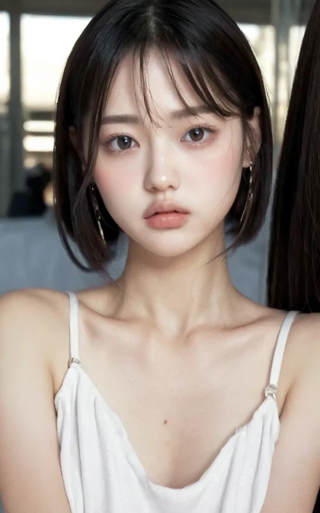 top quality, realistic, Perfect human anatomy, very well detailed, very delicate and beautiful, unprocessed photo, beach, Professional Lighting, Illumination, bitches line up in front of the motel, Single Focus, full body, girl , brown hair on both arms, small head, ((big)), baby face, beautiful eyes, real face, realistic skin, detailed eyes, ( fashionable hairstyle: 1.3), Sexy Poses, absurd、incredibly ridiculous results、 very nice、blouse