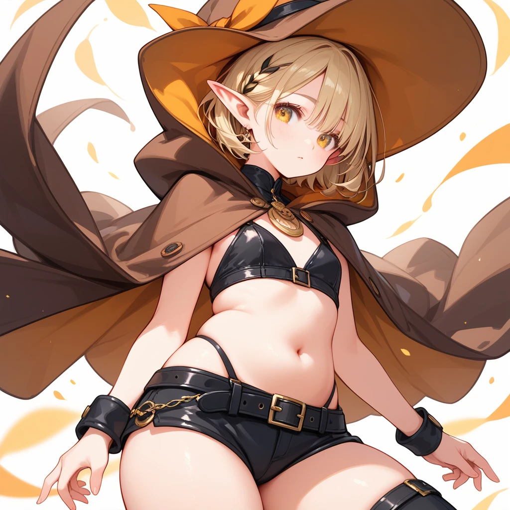 highest quality、Very delicate and beautiful、woman、Wearing a black cloak。Huge 、Black Bikini Bra、Yellow military cap、Thunder properties、Blonde、Short-haired、Yellow eyes、Belly button、((Lower body is yellow micro bikini))、Belt on waist、Are standing