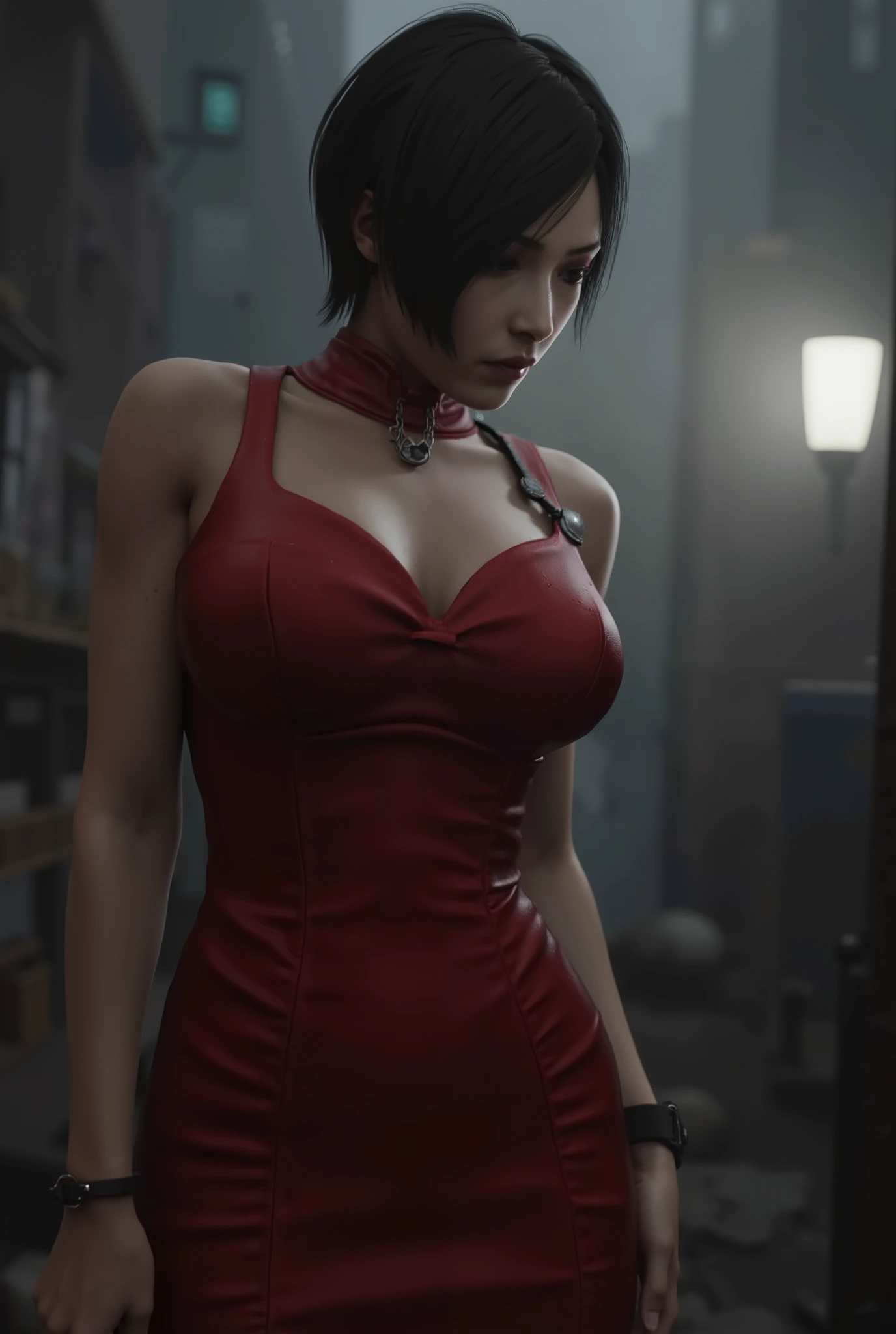 Resident Evil, Ada Wong, big breasts, perfect breasts, cleavage, perfect body, red Cheongsam, Apocalypse, dark, foggy, Zombies, survival horror, dark alley background, sexy, seductive, high detail, masterpiece.