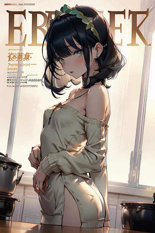 (small breasts:1.3), (perky chest:1.1), (pointed chest:1.0), (fashion magazine cover:1.3),(from below:1.0),(from side:0.9),masterpiece, 1girl, Amazing Cleavage:1.1, thin waist, big ass, Raised sexy, small breast: 1.3, posed cleavage:1.2、solo, looking at viewer, open mouth, have a cute grass of cute beergrass,black hair, dark green eyes, dress, bare shoulders, jewelry, collarbone, sidelocks, hairband, earrings, indoors, off shoulder, :o, sweater, arms behind back, plant, short hair with long locks, gild hairband, off-shoulder dress, sweater dress, off-shoulder sweater, red sweater, dark gord hair, big side hair, very long side hair,is rendered in (masterpiece: 1.2, best quality), with (ultra high resolution) and an exquisite (depth of field). This masterpiece is not only visually stunning but also tells,A scene of cooking in the kitchen by classroom