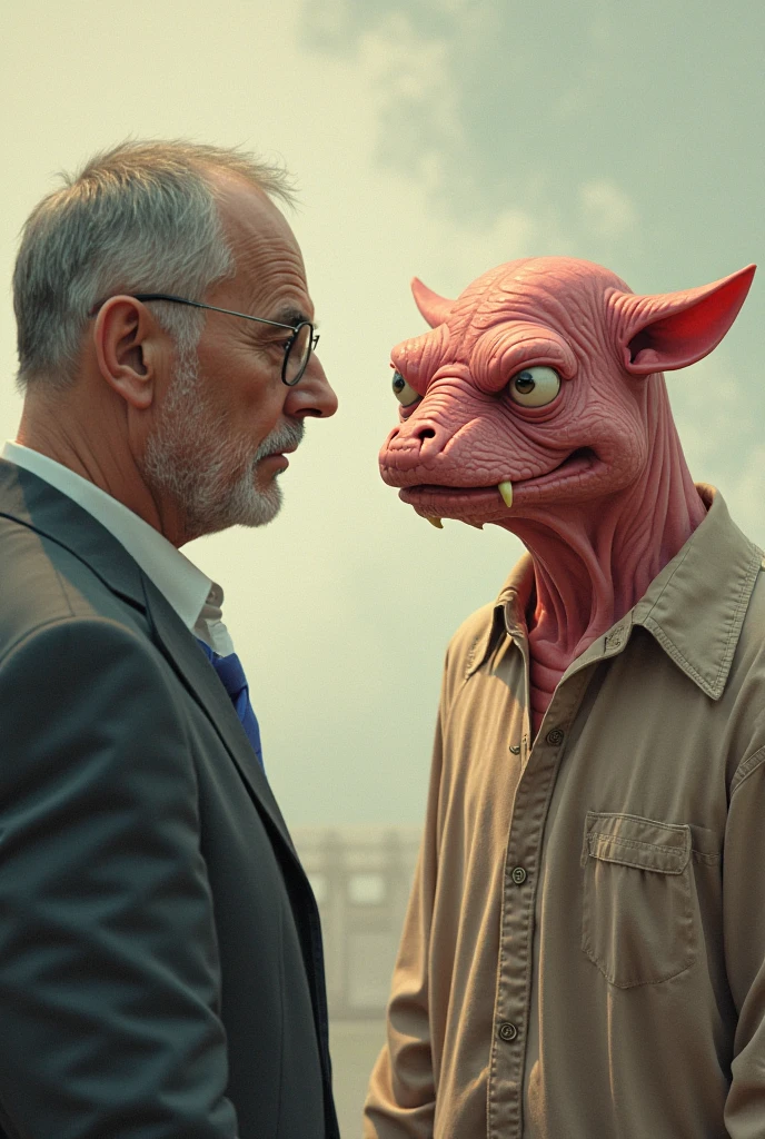 Create a portrait of middle aged man watching a humanoid creature that stare at him with furious in a laboratory, realistic portrait, detailed.