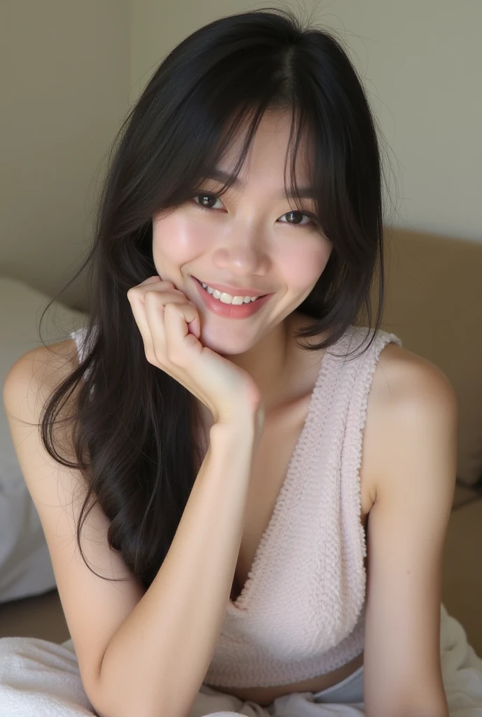 Mini dress, Cleavage, little smile, earring