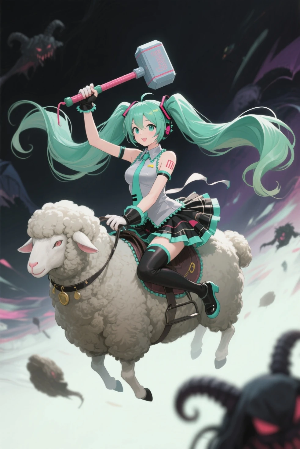 (masterpiece、Highest Quality、Highest Quality、official art、Beautiful Beautiful:1.2),Hatsune Miku、beautiful breasts、light green twin tails、大きい羊に乗ったHatsune Miku、ピエロのコスプレをしたHatsune Miku、holding a plastic hammer、full body、side view composition、Flying sheep、Nightmare Hunter

