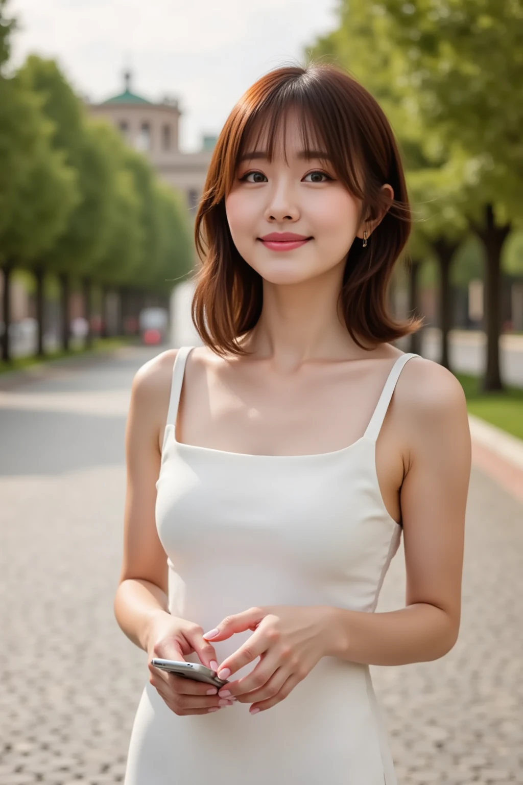 ((top-quality, masutepiece, Extremely realistic)), 1girl in, Woman in yellow dress, light brown hair, Short bob hair, A smile, in 8K, 85 mm, Raw photo, Bokeh background, Standing in the park, Portrait, body facing forward, Front view