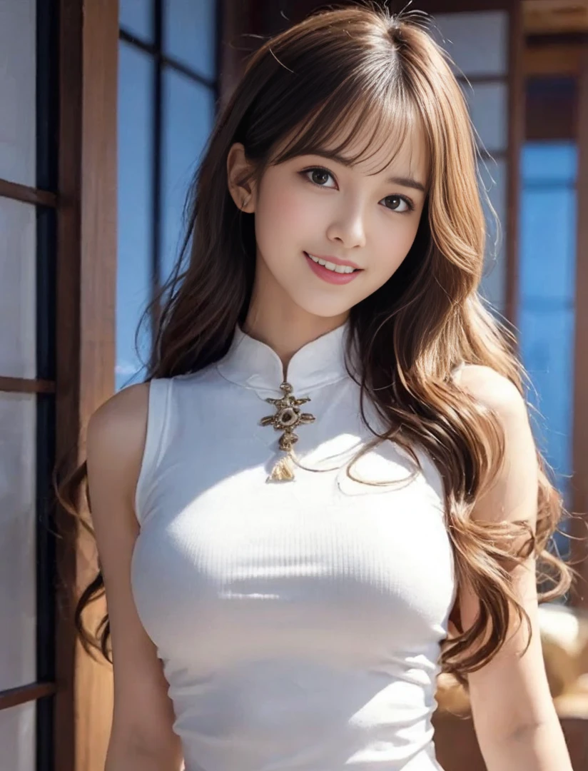 (Detailed skin:1.2),(Shiny skin:1.1),8k,Highest quality, masterpiece, Ultra-high resolution,(Realistic:1.4), RAW Photos,(Soft saturation:1),(Fair skin:1.2),Half-Japanese beauty,23 years old, (Light brown hair),((ponytail:1.4)), (Pretty face:1.4), (Large Breasts, Tight waist,Big firm hips:1.2), ((Beautiful lighting:1.3)), ((Shiny random color bodycon dress:1.3)),(Highly detailed face, Highly detailed lips, fine grain, double eyelid,Highly detailed and evenly balanced eyes), (Sharp focus:1.2), ((Full Body Shot)),(Perfect Anatomy:1.3),(Beautiful woman with perfect figure: 1.2)、((Random sexy poses:1.2))、Sharp Eyes,((smile:1.2)),(Exclusive bar at night)