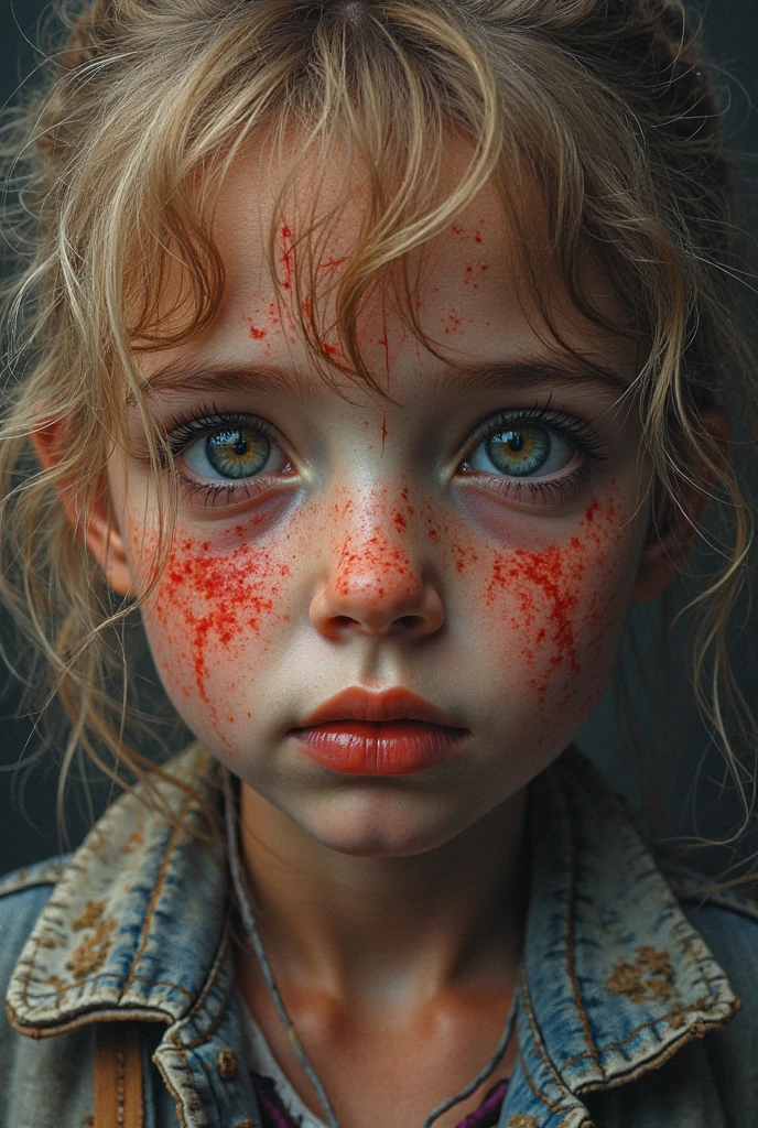 Photo of a 15 year old European girl, .CRU, Handsome man, (short hair with blonde bangs falling over her blue eyes dark blonde hair) full of bruises on the face, sad smile , big sad eyes, ((portraite)), ((rosto detailded:1.2)), ((detailed facial features)), (finely detailed skin) reflectors, (tabletop) (perfect proportions)(Realistic Photos)(the best quality) (detailded) photographed with a Canon EOS R5, 50 mm lens, f/2.8, nffsw, (8k) (wall-paper) (cinematic lighting) (dramatic lighting) (sharp focus) , inside a dark room looking at the camera , bright look