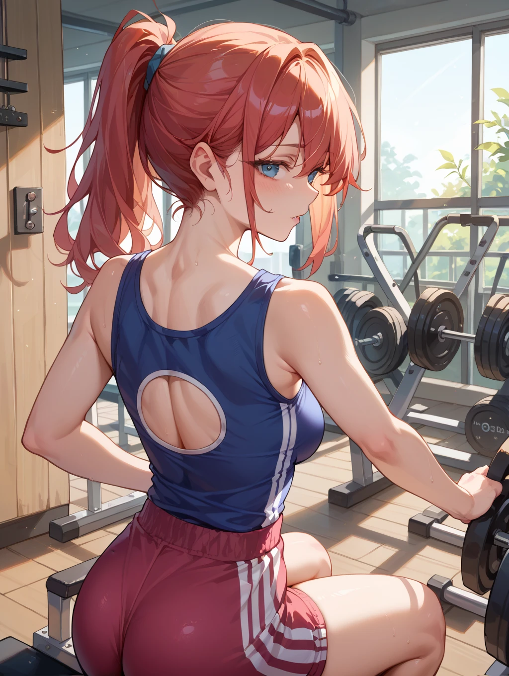 Young girl training in the gym, she is sweating, your short red hair and your blue eyes, de corpo inteiro, she is happy and has big thighs