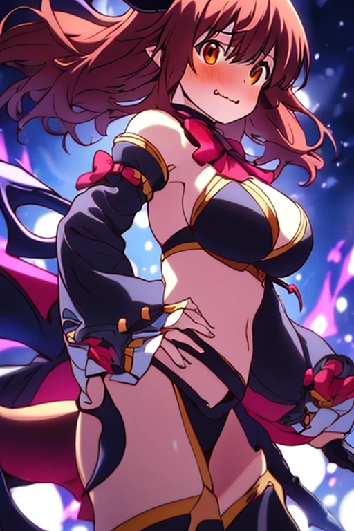 (Assymetrical) (Masterpiece), (The best quality), Perfect lighting, beautiful girl, perfect girl, (sexy), hands hidden, dark magician girl, (color pallette:neon green,neon purple), touching her long neon UVhair, flowing hair, dynamic pose, provocative pose, big tits, neckline, create a magic background using shades of pink purple and blue. Walking out of a magical heart shaped Portal.